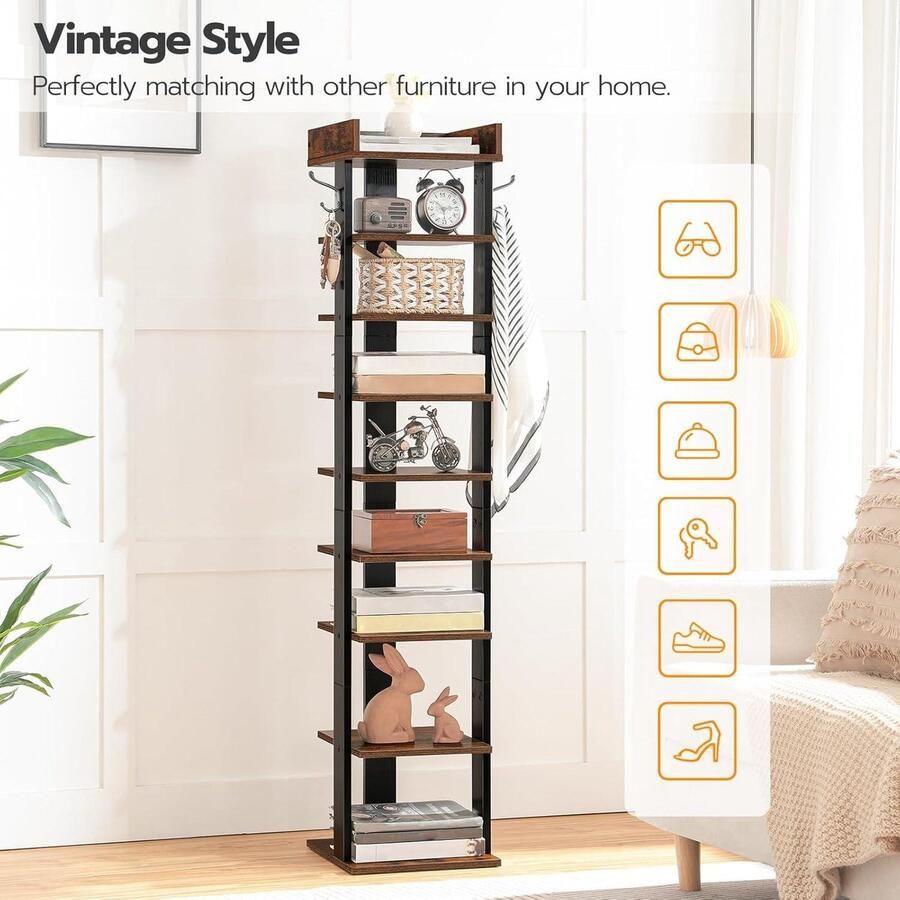 9-laags smal schoenenrek van hout met haken en verticale schoenentoren industrieel rustiek bruin en zwart