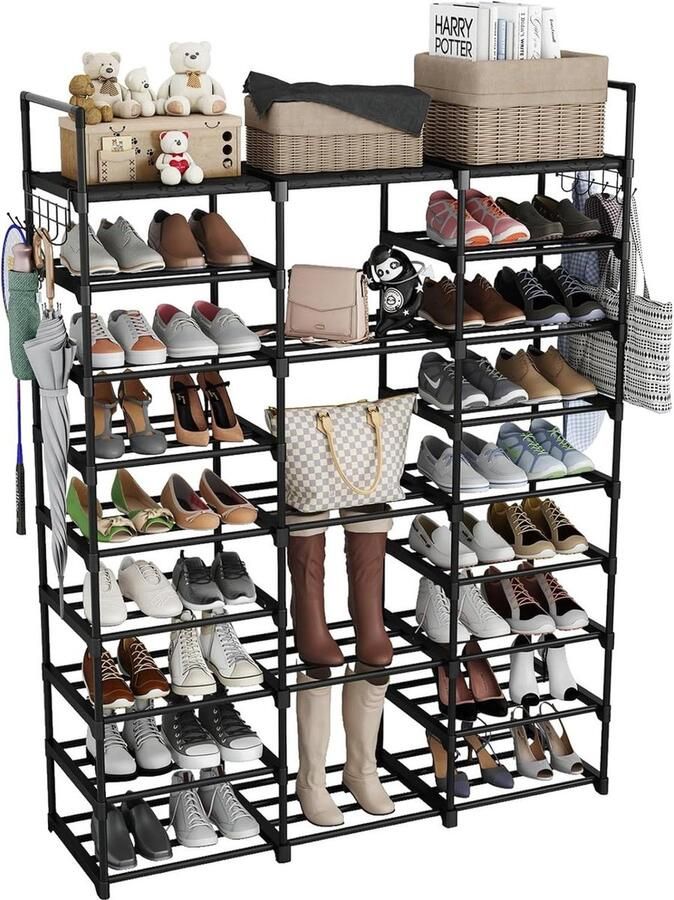 Schoenenrek 9 niveaus DIY opbergrek voor 50-55 paar schoenen met haken Zwart