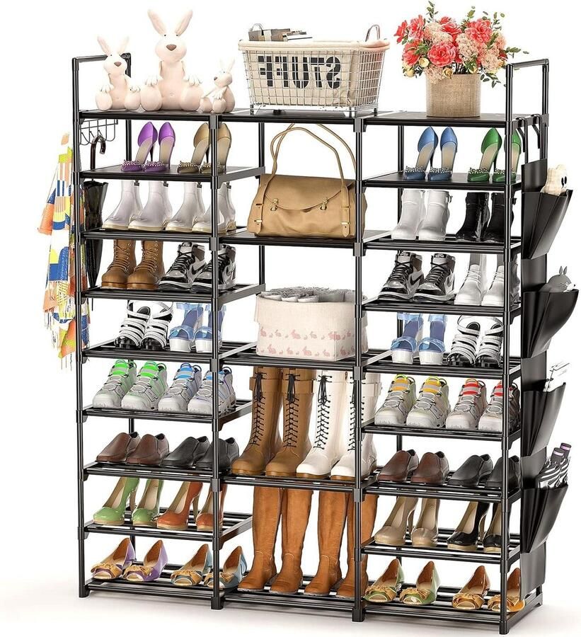 9-niveaus schoenenrek metaal voor 55-60 paar schoenen en laarzen smal zwart schoenenrek haken houten hamer hal woonkamer slaapkamer
