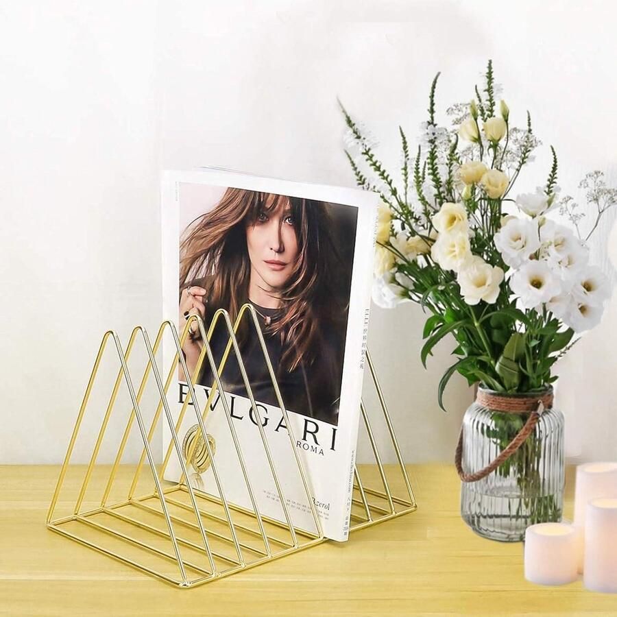 9 Slots Driehoek Boekhouder Organizer Metaal Vinyl Record Rack Vrijstaand Document File Stand Multifunctionele Bureau Organizer Rack voor Document Kranten CD Goud