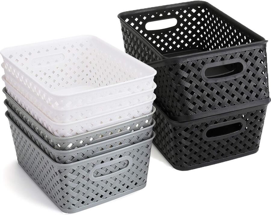 9 stuks opbergdozen plastic manden huishoudmanden gevlochten opbergmand voor badkamer keuken kinderkamer 25 x 19 5 x 10 cm (zwart grijs wit)