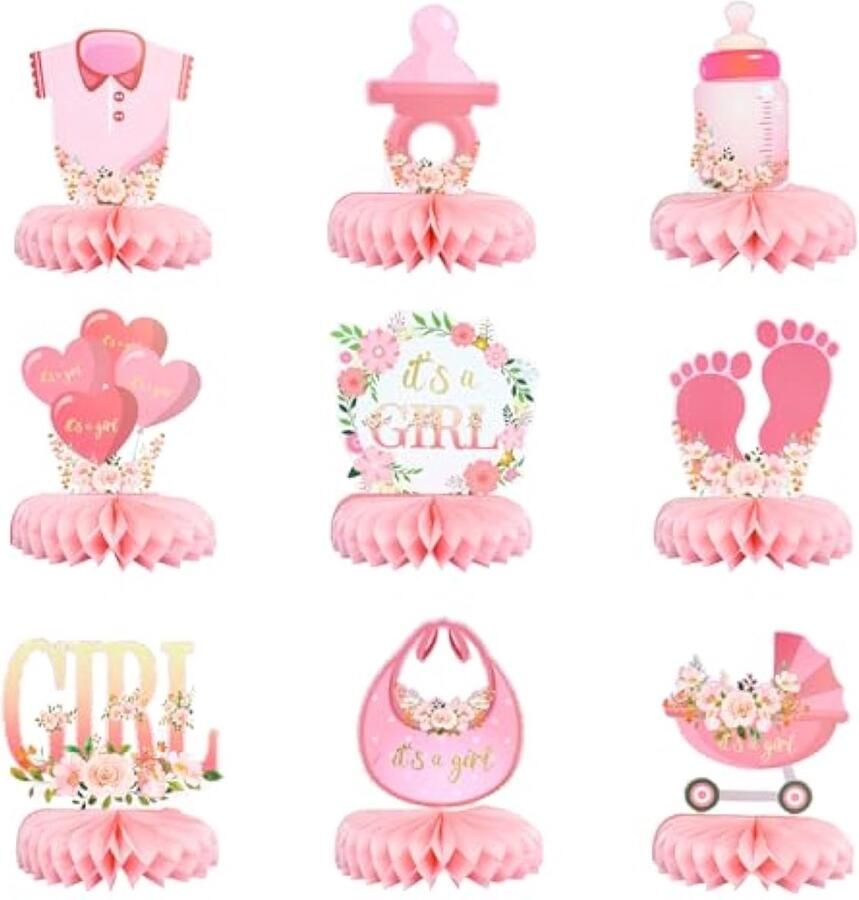 9 stuks roze babyshower decoraties honingraat middenstukken voor meisjes bloemen het is een meisje genderonthulling tafeldecor feestartikelen baby meisje