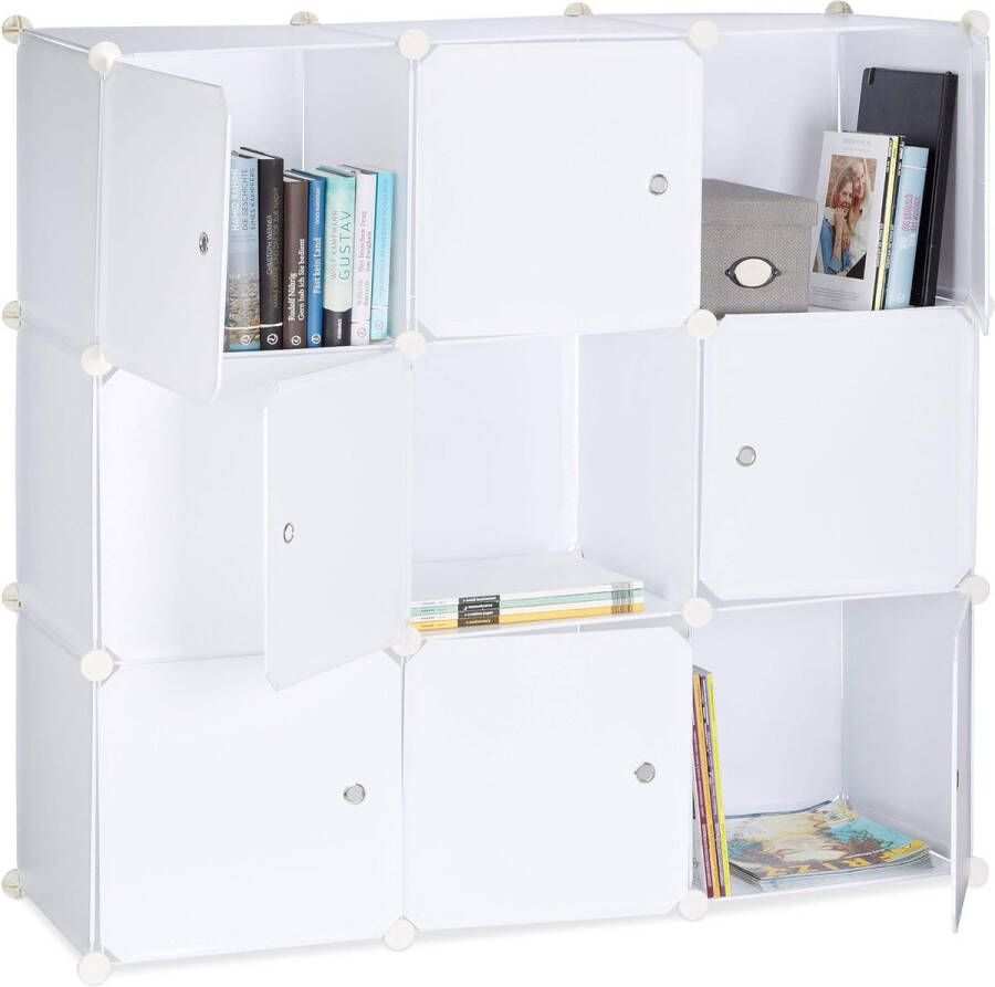 9 vakken vakkenkast met deuren kunststof HxBxD: 95 x 95 x 32 cm roomdivider boekenkast wit