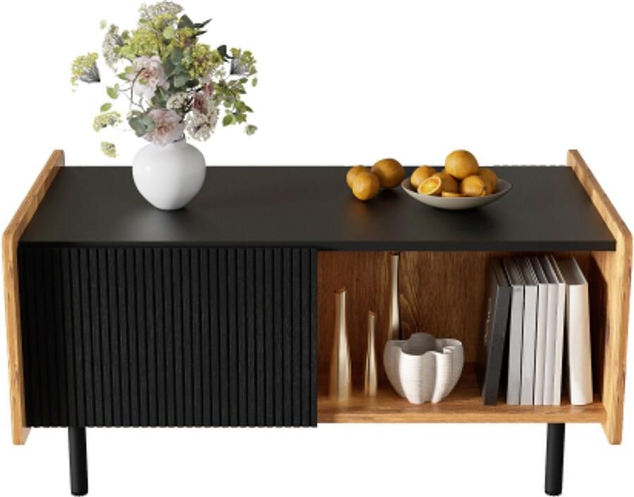 Steven 90 cm zwart en houtkleurige salontafel modern ontwerp twee open vakken en twee deuren dempende scharnieren