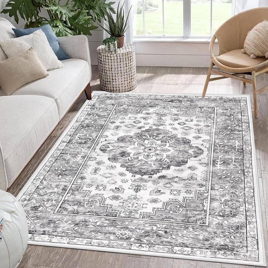 90 x 150 cm zacht laagpolig grijs vintage vloerkleed opvouwbaar & lichtgewicht woonkamertapijt antislip & wasbaar tapijt voor slaapkamer entree & keuken
