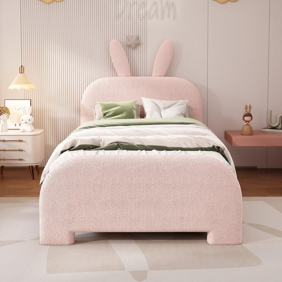 90 x 200 cm Plat Bed Gestoffeerd Schapenwol Bestendig Beeldverhaal Konijnvorm Twee Laden Roze zonder matras