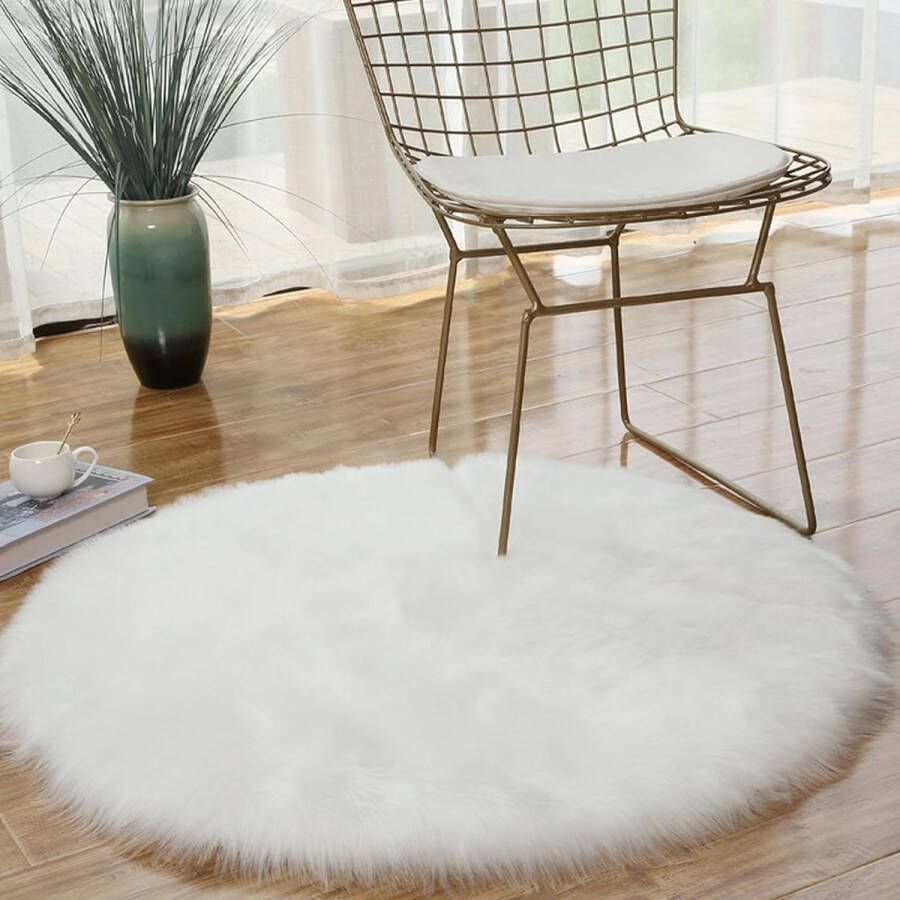 90 x 90 Rond tapijt van schapenvacht van imitatiebont antislip luxe hoogpolig wit nachtkastje voor slaapkamers machinewasbaar pluizig dik tapijt vloerkleden