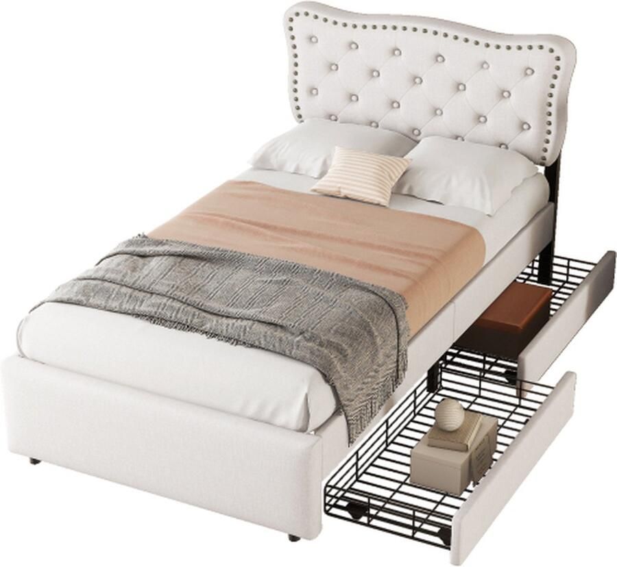 90*200 cm plat bed gewatteerd bed nachtkastjebekleding met decoratieve klinknagels dubbele laden lichtbeige