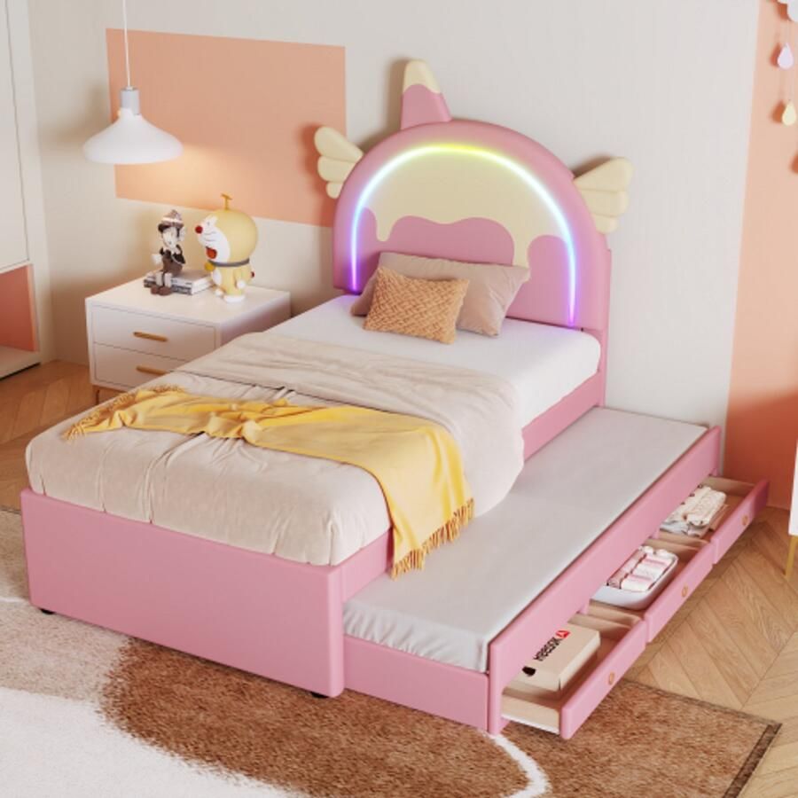 Hoomall 90*200cm Cartoon kinderbed eenhoorn vorm uitgerust met uitschuifbaar onderschuifbed PU materiaal roze