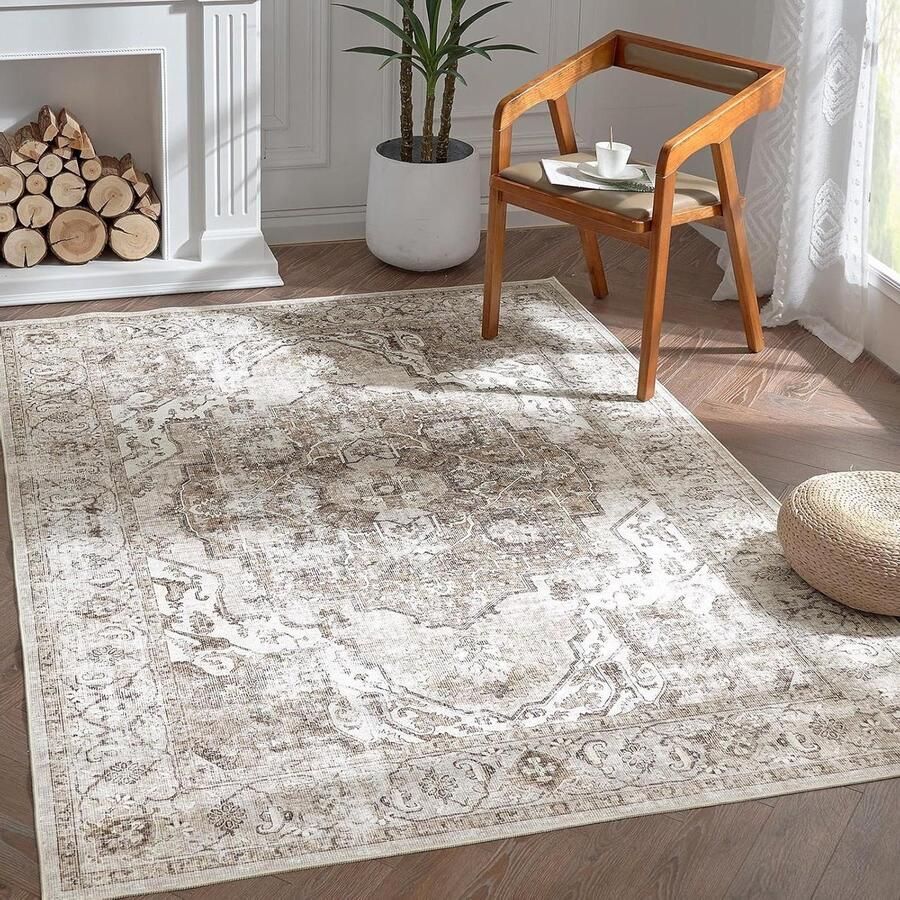 90x150cm Bruin Woonkamertapijt Vintage Multi-Bloemenprint Antislip Wasbaar Opvouwbaar Binnen Kantoor Slaapkamer Keuken