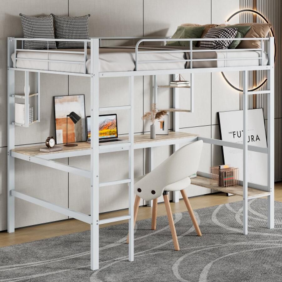 90x200cm bedframe metalen bed ijzeren bed met bureau hoogslaper met vier kleine planken en een grote boekenkast voor kinderen tieners en volwassenen zwart