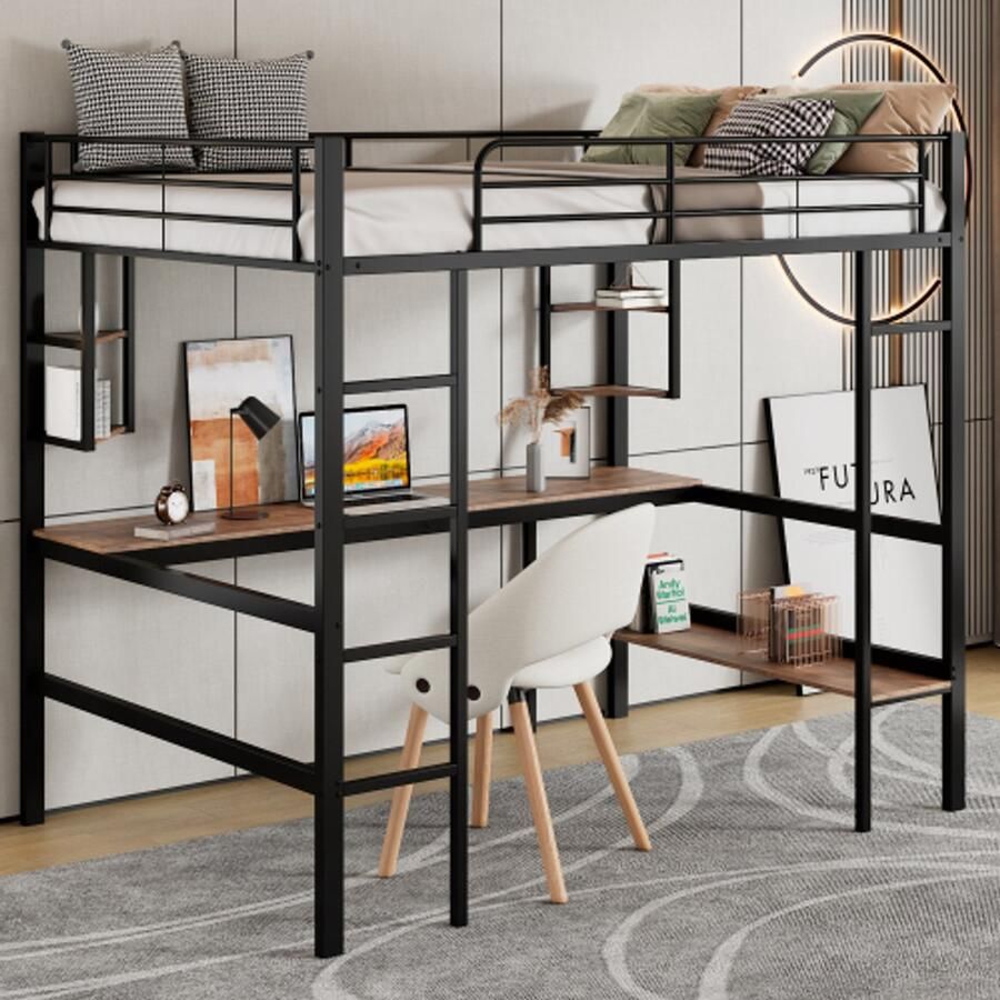90x200cm bedframe metalen bed ijzeren bed met bureau hoogslaper met vier kleine planken en een grote boekenkast voor kinderen tieners en volwassenen zwart