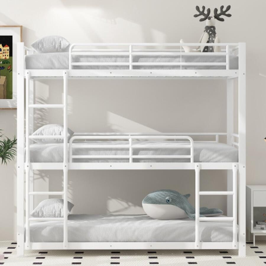 90x200cm bedframe metalen bed stapelbed ijzeren bed driedubbel stapelbed voor kinderen tieners en volwassenen wit