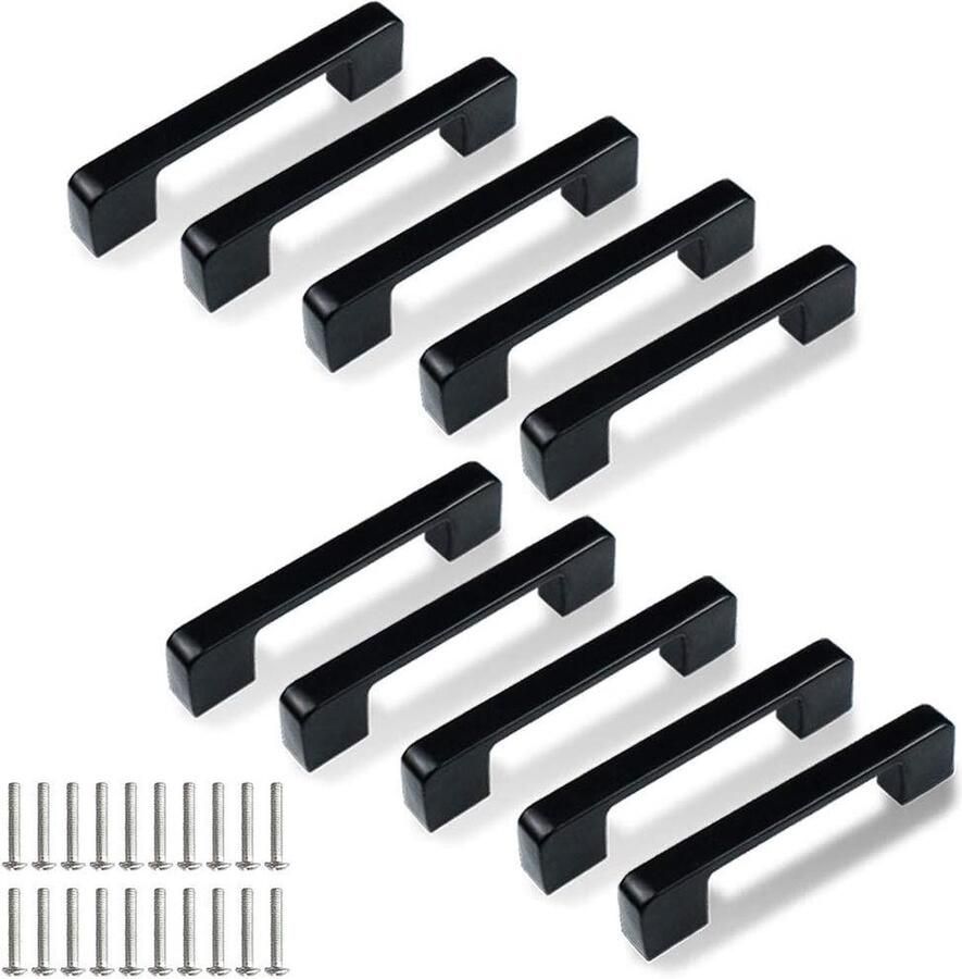 Contetn in html 96mm Black Cupboard Handles Set of 10 Square Drawer Handles for Kitchen and Bathroom Cabinets Includes 20 Screws