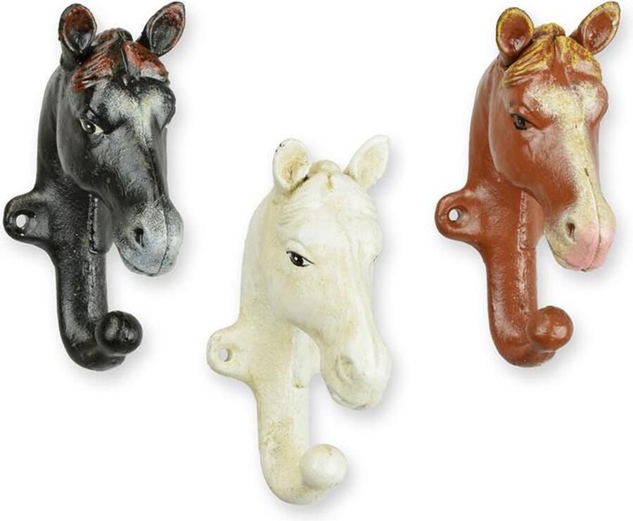 Set van 3 paardenhoofd kapstokhaken – Robuuste metalen wandhaken – Vintage industriële jashaak – Unieke wanddecoratie voor hal en entree