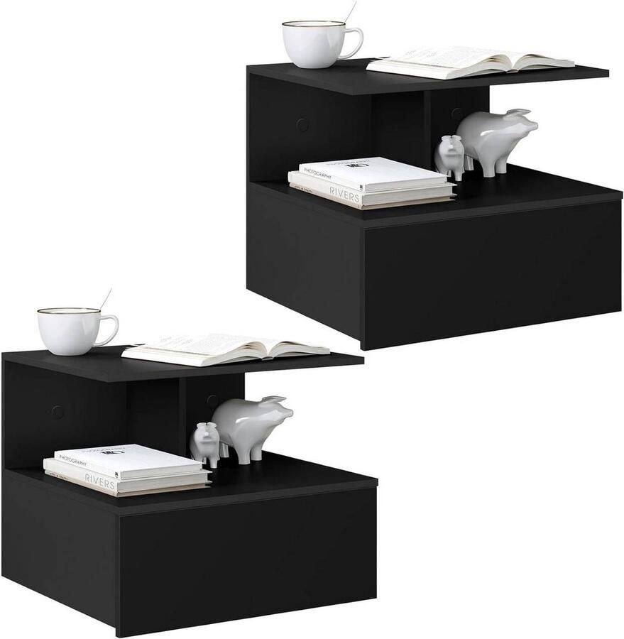 Rootz Living Rootz Aan de muur gemonteerd nachtkastje Zwevend nachtkastje Ruimtebesparend bijzettafeltje E1 Houtmateriaal Wit en zwart 40 cm x 31 cm x 35 cm