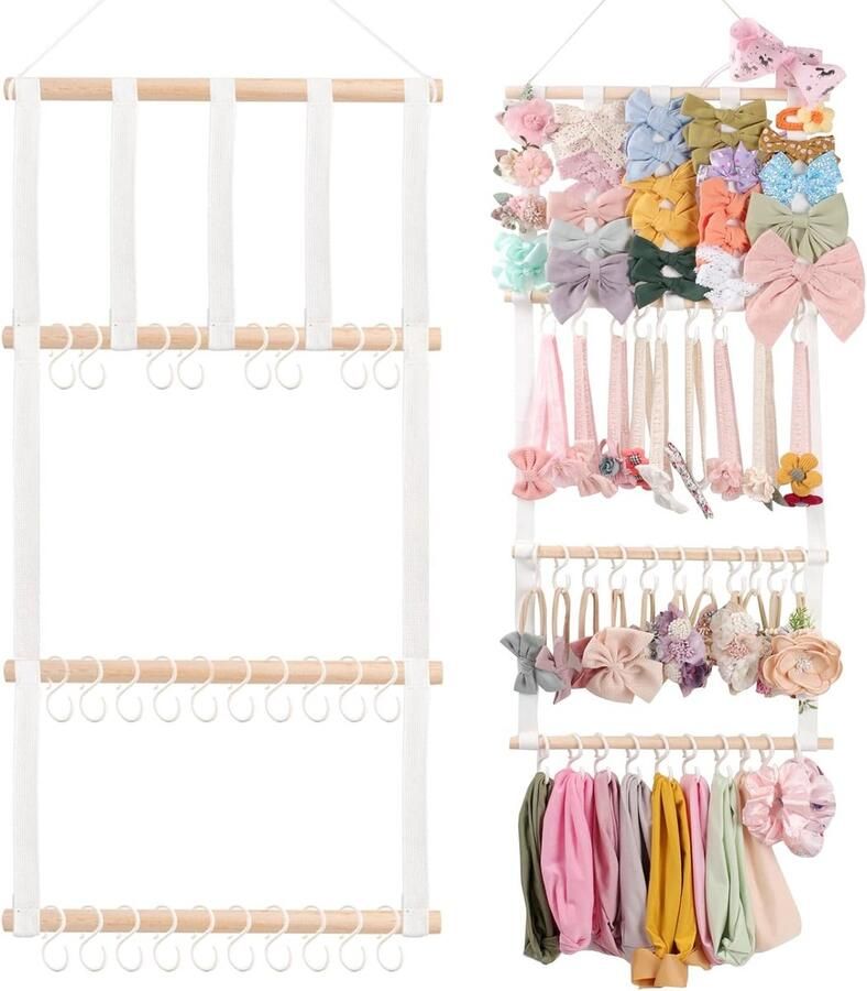 Aan de muur te bevestigen opbergrek voor haaraccessoires voor kinderen Opbergrek voor haaraccessoires voor kinderen wanddecoratie Geschikt voor de kinderkamer en meisjeskamer Wordt geleverd met 30 haken
