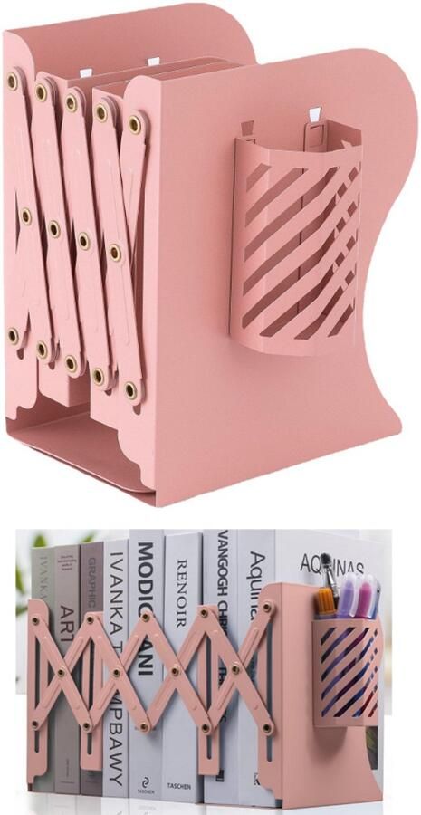 Aanpasbare roze Metalen Zware Kwaliteit Boekensteunen Uitrekbaar tot op 48 cm Anti-slip Boekenstandaard Set voor Boeken Cd s Planken Kantoor Bibliotheek Huis en School Metalen Boekensteun roze