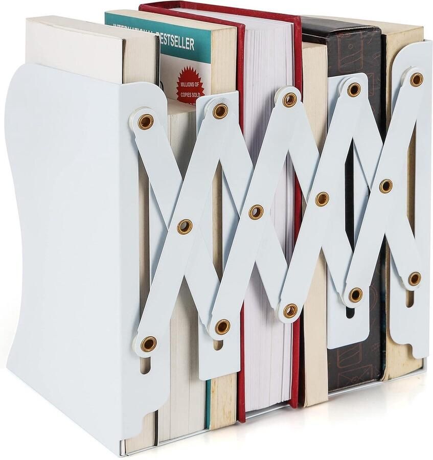 Aanpasbare Wit Metalen Zware Kwaliteit Boekensteunen Uitrekbaar tot 41 cm Anti-slip Boekenstandaard Set voor Boeken Cd s Planken Kantoor Bibliotheek Huis en School