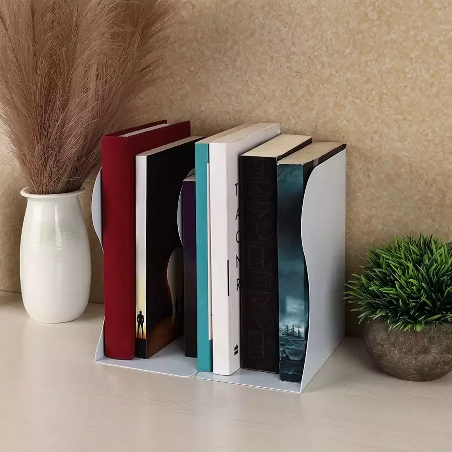 BELLE VOUS Aanpasbare Wit Metalen Zware Kwaliteit Boekensteunen Uitrekbaar tot op 41 cm Anti-slip Boekenstandaard Set voor Boeken Cd s Planken Kantoor Bibliotheek Huis en School