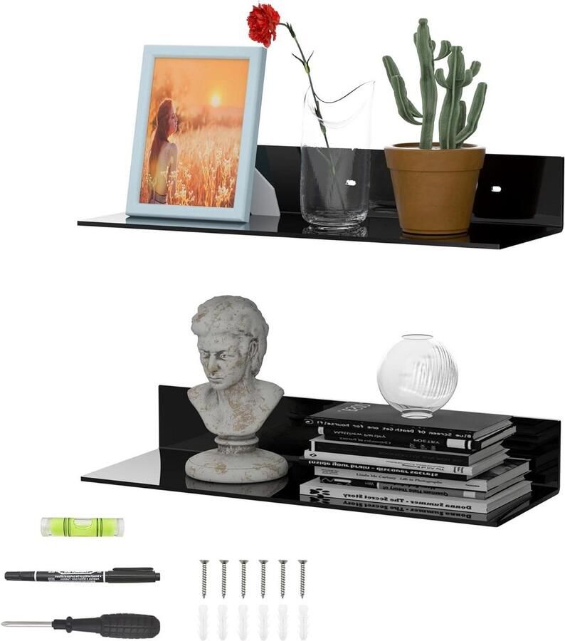 Aanpassing titel: Set van 2 L-vormige acryl wandplanken 43 cm zwart Drijvend rek voor wanddecoratie met acryl hoekrek Geschikt voor modelwagen kaars kalender handdoek en tissue