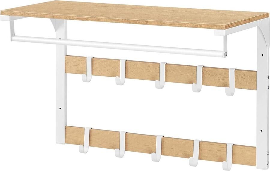 Aanpassing titel: Wandkapstok met plank en 10 afneembare haken Eikenkleur-wit LCR101W09