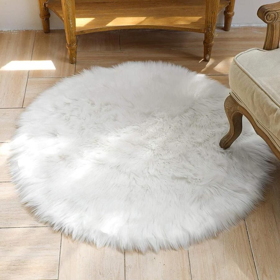 Aanpassing titel:Imitatiebont schapenvacht rond tapijt stoelhoes zacht pluizig zitkussen voor slaapkamer bank vloer (wit 60 x 60 cm)