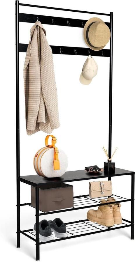 Standing Coat Rack with Shoe Rack and Bench 85x32x175CM 11 Hooks Black