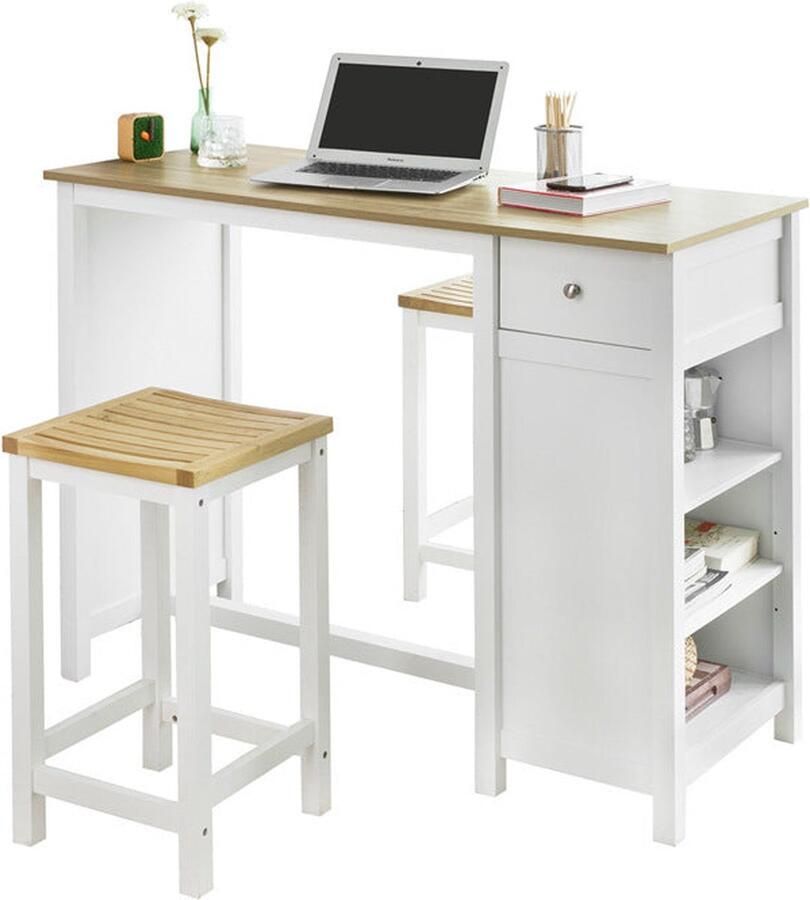 Rootz Living Rootz Kitchen Counter Ontbijtbar Bistro-eiland Opbergplanken Lade voor achter PB en MDF 120x90x55cm Wit SoBuy Kruk Compatibel