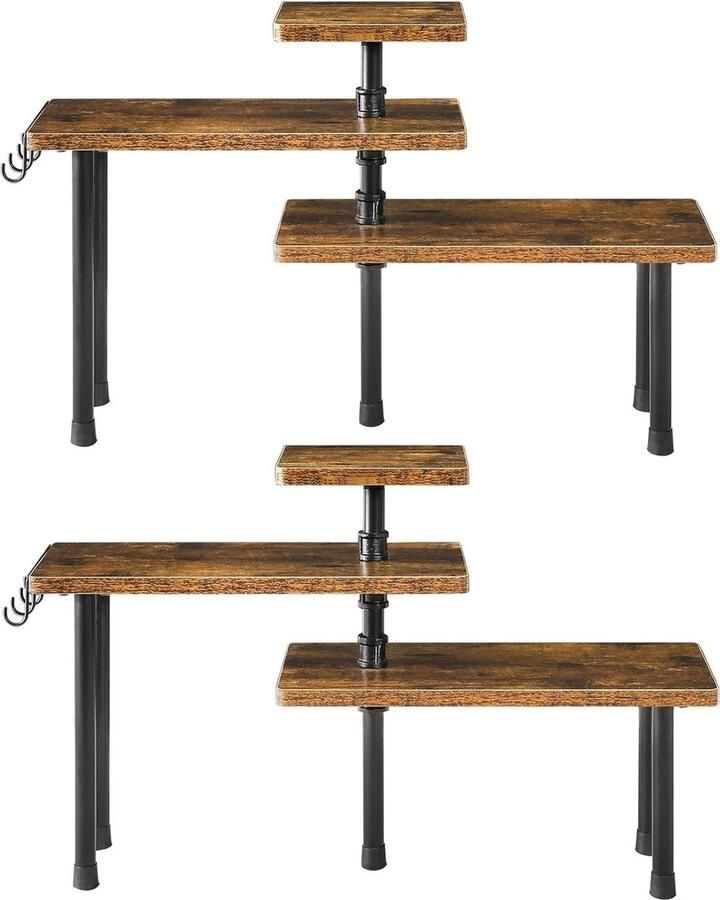 Aanrecht Organizer hoekplank 3-laags kruidenrek verstelbaar set van 2 ruimtebesparend keuken badkamer aanrecht kast plant theekopjes rustiek bruin TLJ003H-2