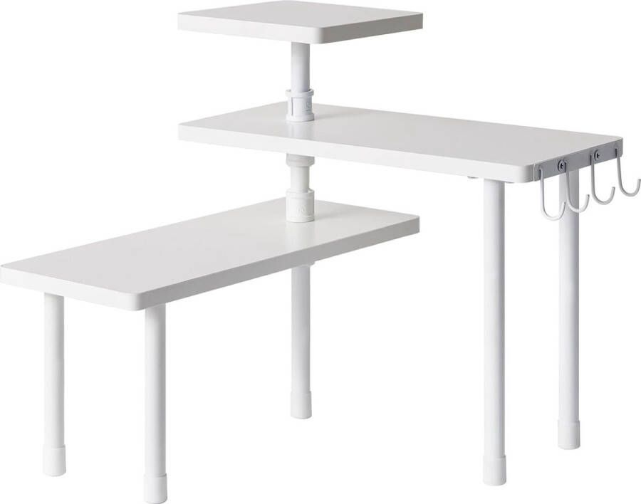 Aanrecht Organizer Hoekplank 3 Niveaus Kruidenrek Verstelbare Oriëntatie 4 Zijhaken Vrijstaand Ruimtebesparend voor Keuken Badkamer Aanrechtkast Plant Wit