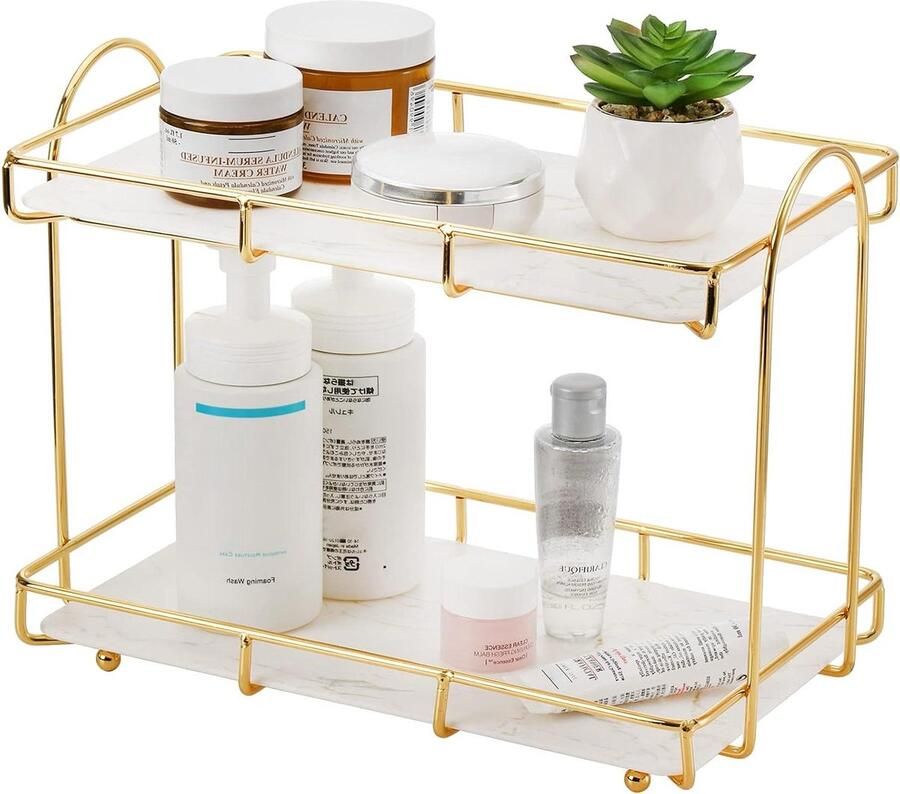 Aanrecht Organizer Marmering Tray 2 Tier Make-up Draad Vanity Badkamer Cosmetische Opslag Plank Teller Staand Rack Dressoir Parfum Goud 124 inch L x 68 inch B x 9