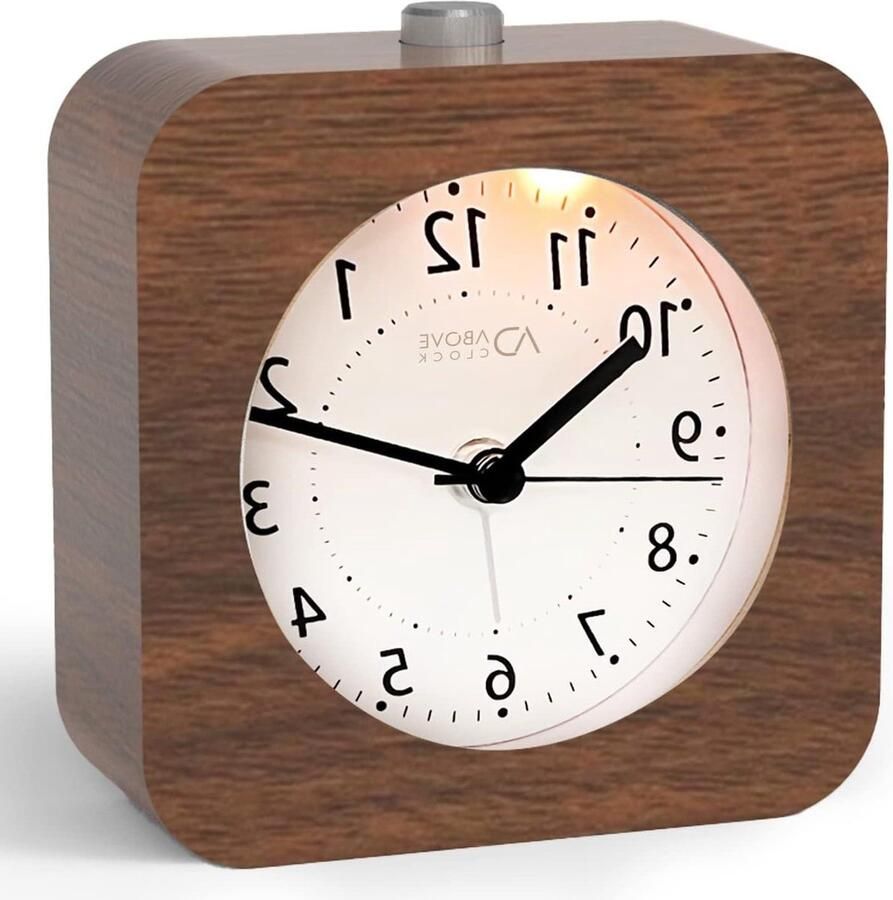 AboveClock Wekker analoog houten wekker snooze nachtkastje retro nachtlampje tafelklok batterij nodig natuurlijk hout bruin zonder tikken
