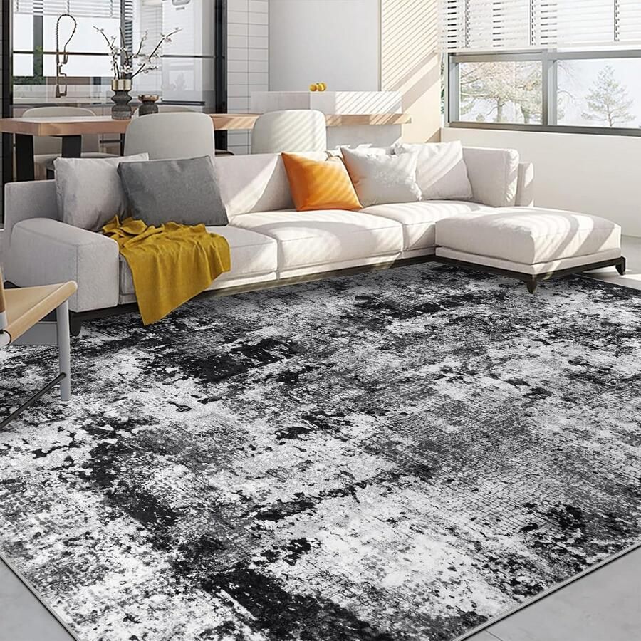 Abstract Vloerkleed Zwart 200 x 300 cm Modern Laagpolig Wasbaar en Antislip Perfect voor Woonkamer en Slaapkamer