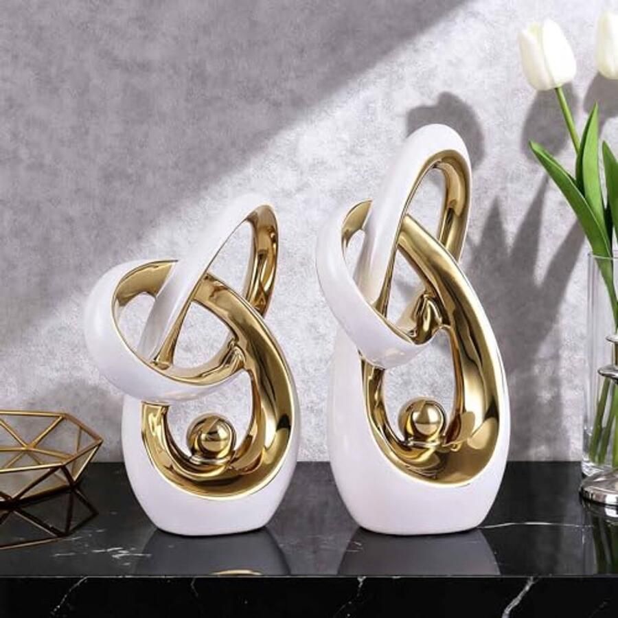 Abstract Wit en Goud Bureau Sculptuur Moderne Kunst voor Elke Ruimte
