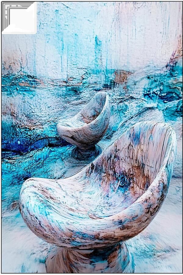 Abstracte stoelen met blauwe texturen Abstractie ArtFrame schilderij Muurkunst ArtFrame stoel Abstract expressionisme Moderne frames Woonkamer schilderijen artframe 70x105 cm