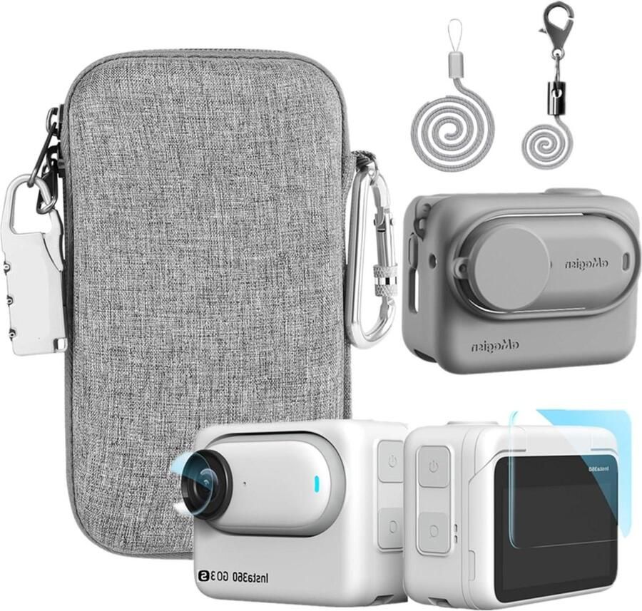 Accessories Kit Compatible with Insta360 GO 3S Silicone Camera Case Cover and Lens Cap 2Pcs Screen Protector Film Carrying Case with Auto Locking Carabiner and Lock Grey Travel Blanket
