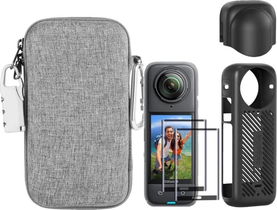 Accessories Kit Compatible with Insta360 X4 Silicone Camera Case Cover-Lens Cap-3D Screen Protector Film-Outdoor Carrying Case-Auto Locking Carabiner-Anti-loss Lock