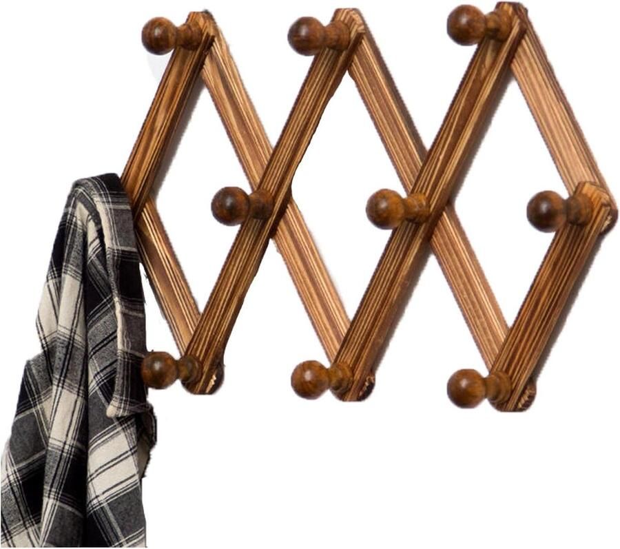 Accordeon Wandhanger kapstok met 10 haken massief hout