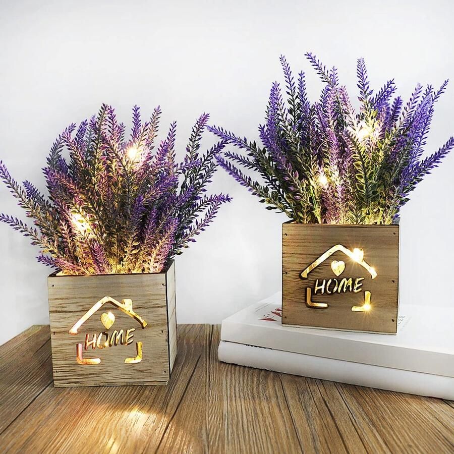 AceList 2 stuks kunstplant met LED-verlichting in een houten doos 11 x 9 x 26 cm kunstplant in een pot voor thuis kantoor bureau keukendecoratie Valentijnsdag Moederdag