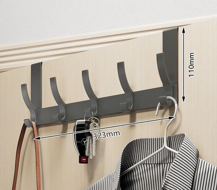 Achter de deur kapstok Stevige deurhanger Aluminium heavy duty deur organizer Met 5 haken Eenvoudig te installeren Geschikt voor badkamer slaapkamer keuken Voor het ophangen van handdoeken jassen tassen Grijs-5 haken 32*11cm