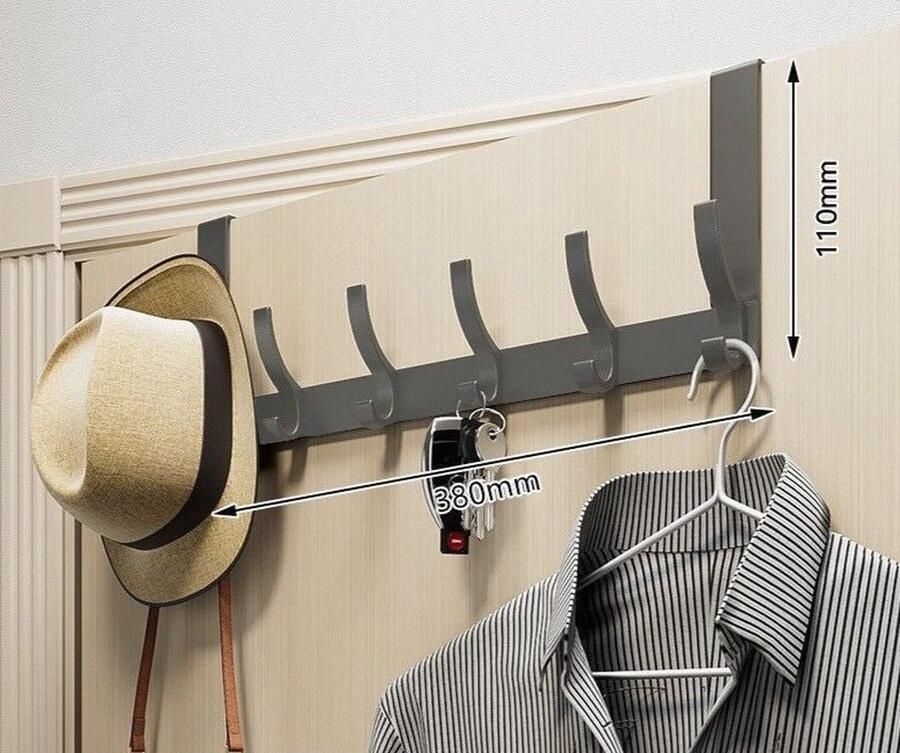 Achter de deur kapstok Stevige deurhanger Aluminium heavy duty deur organizer Met 6 haken Eenvoudig te installeren Geschikt voor badkamer slaapkamer keuken Voor het ophangen van handdoeken jassen tassen Grijs-6 haken 39.5*11cm - Foto 2