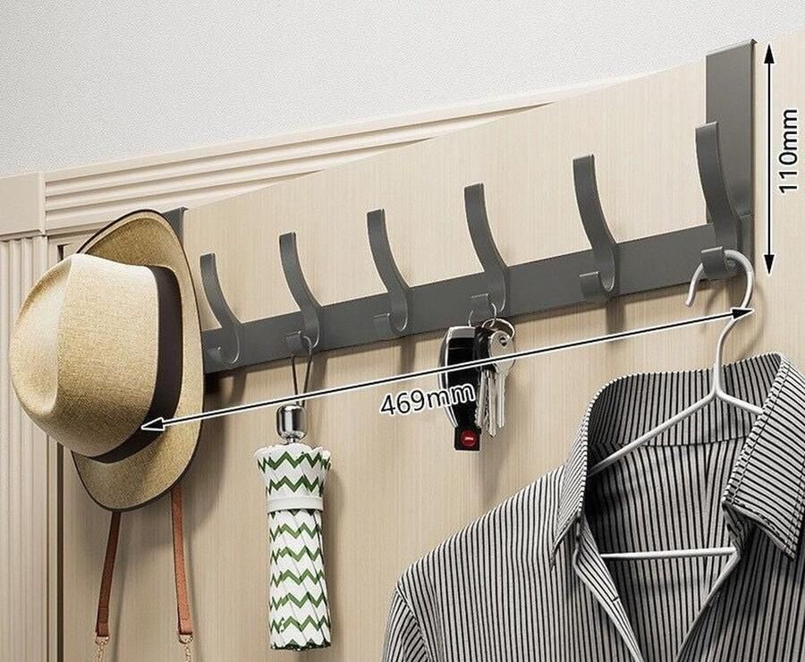 Achter de deur kapstok Stevige deurhanger Aluminium heavy duty deur organizer Met 7 haken Eenvoudig te installeren Geschikt voor badkamer slaapkamer keuken Voor het ophangen van handdoeken jassen tassen Grijs-7 haken 47*11cm - Foto 2