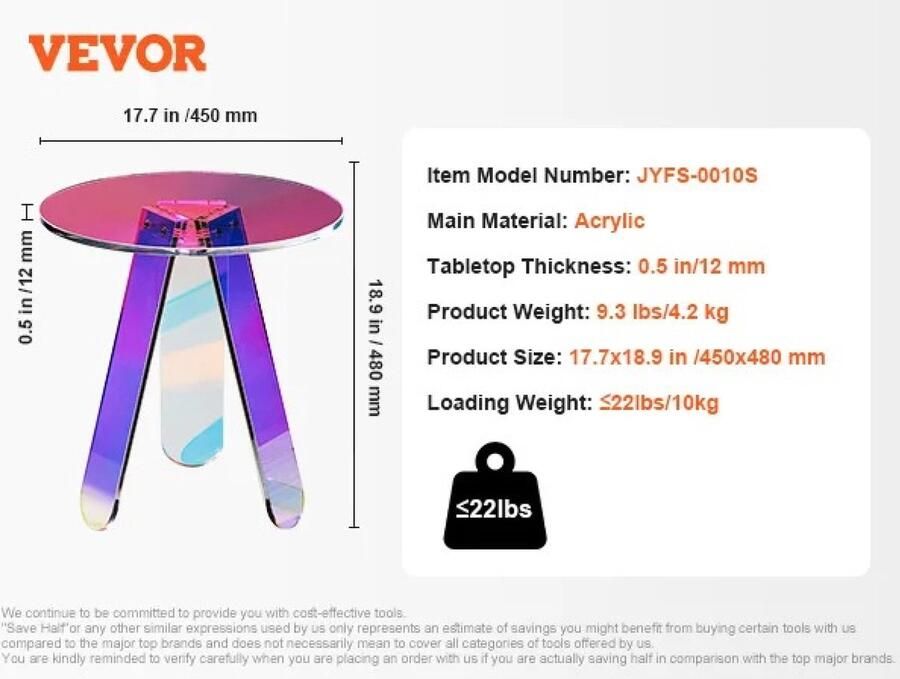 Bramboo Acryl bijzettafel Kunststof Koffietafel Modern Gekleur en rond 12 mm dik Belastbaar 10 kg Gewicht 4.2 kg 480 x 450 mm Diameter 450 mm