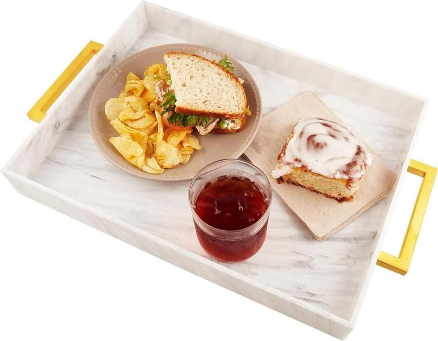 Acryl dienblad Gouden handgrepen Decoratieve trays Salontafel Morsbestendig Server Ottomaanse lade Aanrecht keuken Ijdelheid Serveerfeestschotel Marmer - Foto 2