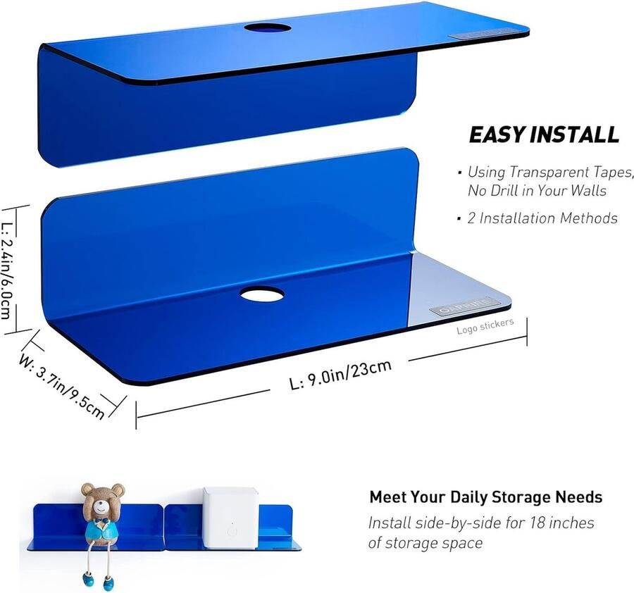 Acryl drijvende wandplanken set van 2 schadevrij uitbreiden wandruimte kleine wandplank voor slimme luidspreker actiefiguren monitor met kabelclips stick on geen boor (blauw)