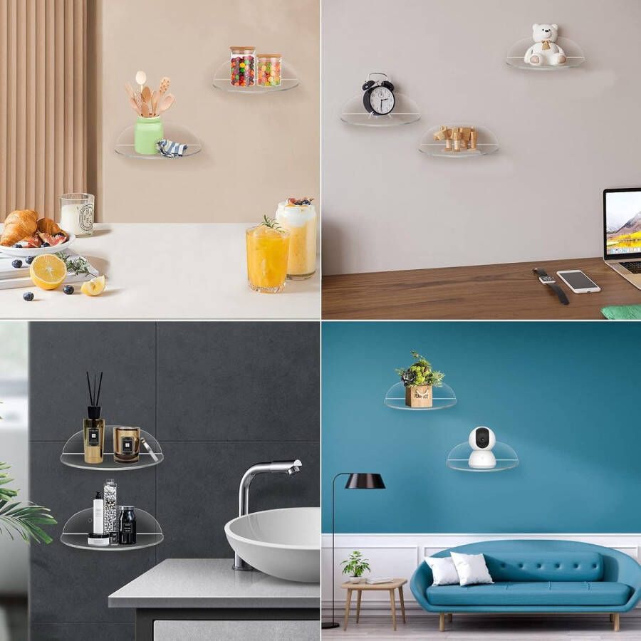 Acryl drijvende wandplanken set van 4 mini zelfklevende wandplank kleine drijvende plank geen boor displayplanken gemakkelijk uit te breiden wandruimte acryl planken voor slaapkamer woonkamer badkamer