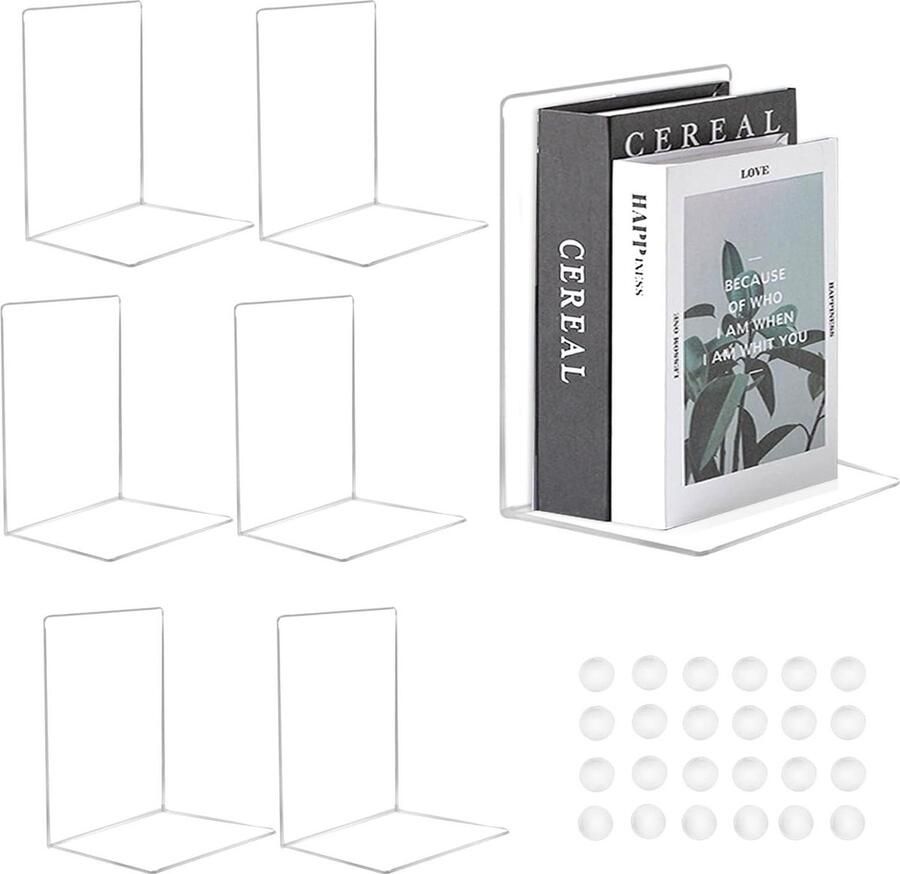 Acryl transparante boekensteunen voor boekenkast in slaapkamer bibliotheek en kantoor Set van 6 stuks book ends