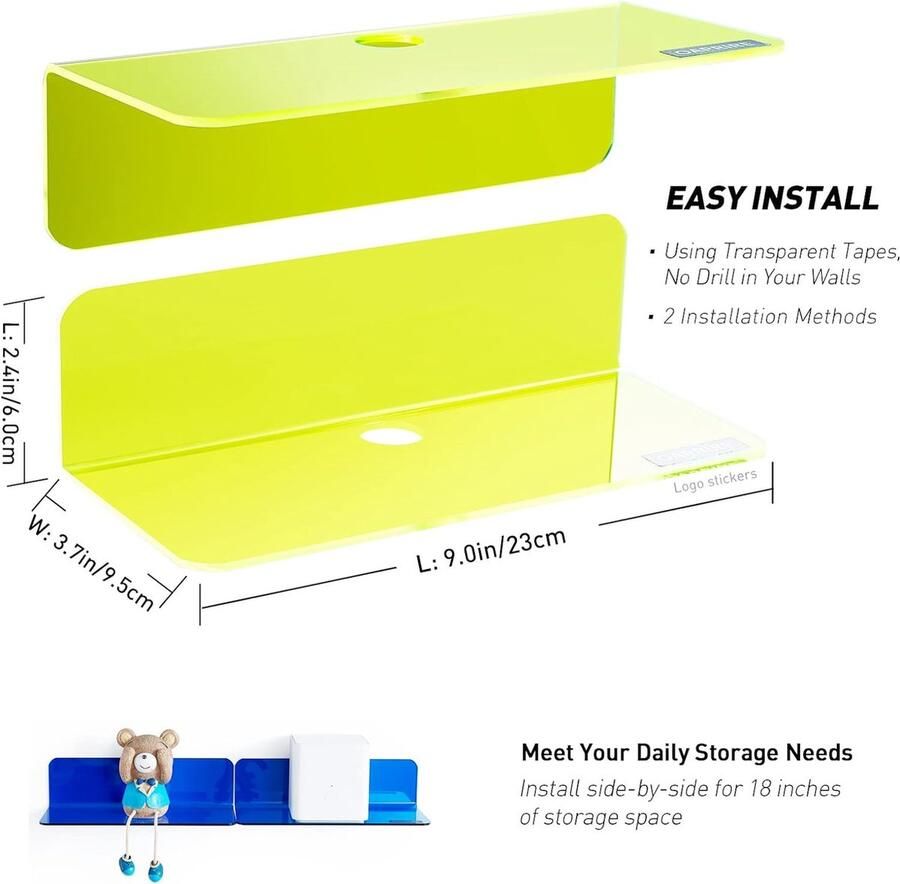 Acryl zwevende wandplanken set van 2 plakkend eenvoudig uitbreiden wandruimte 9 inch kleine plank voor slaapkamer badkamer keuken woonkamer kantoor met kabelclips groen