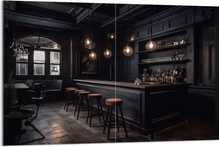 Acrylglas Bar Krukken Tafels Stoelen Planten Drank Flessen Zwart 120x80 cm Foto op Acrylglas (Met Ophangsysteem)